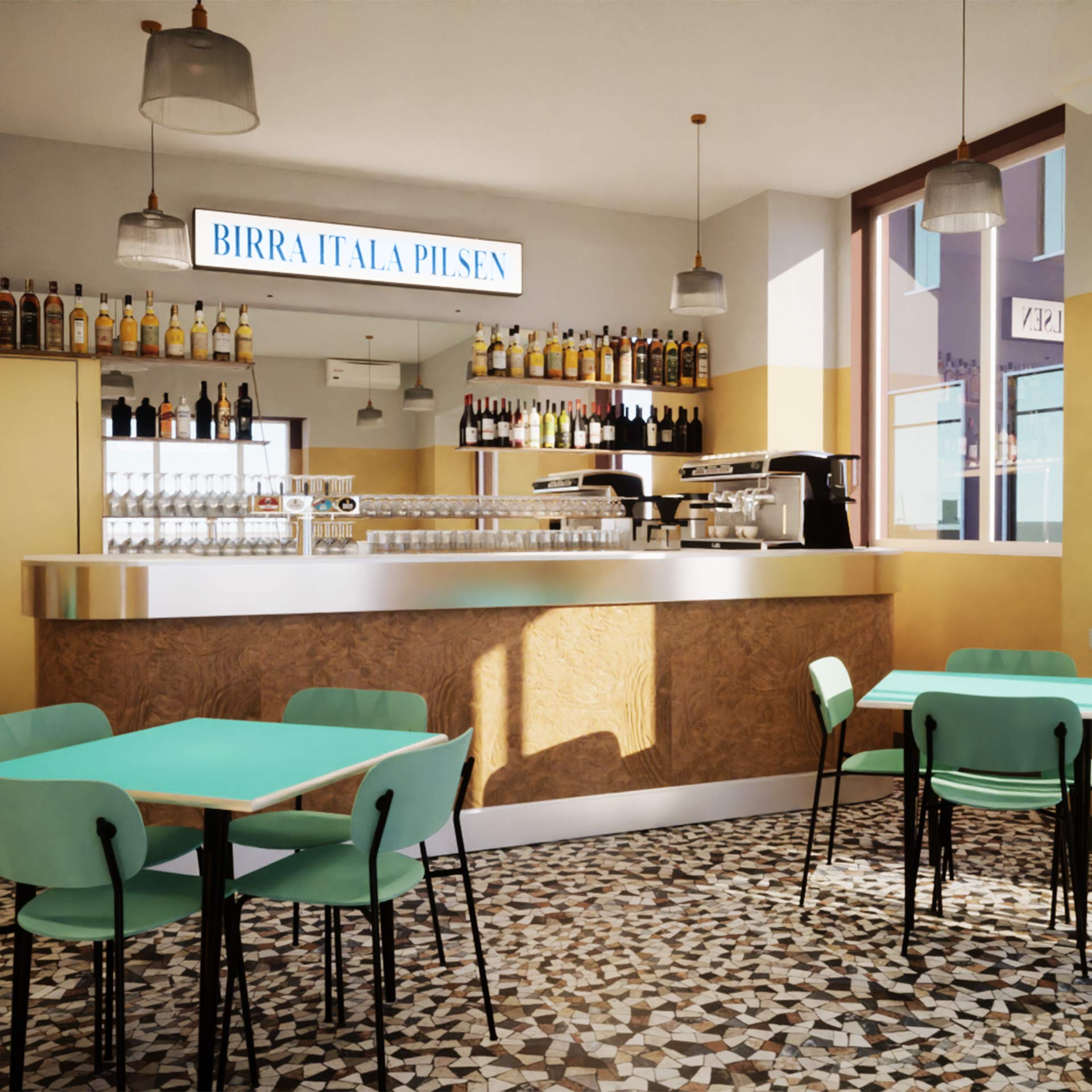 Il bar de La Conca, tavolini verdi e bancone 