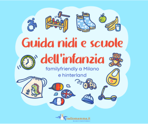 Disegni di bavette, monopattini, giochi a simboleggiare la guida nidi e scuole dell'infanzia a Milano 