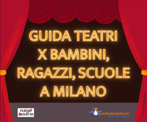 Il palcoscenico di un teatro con la scritta Guida ai teatri per bambini, ragazzi, famiglie e scuole di Radiomamma